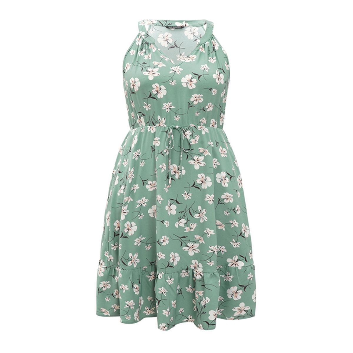 Plus Size Floral Elastic Waist Notched Pocket Ruffles Halter Dress Mint Women Elegant Patchwork Halter neck Sleeveless Curvy Knee Dress BloomChic 18-20/2X Product Image