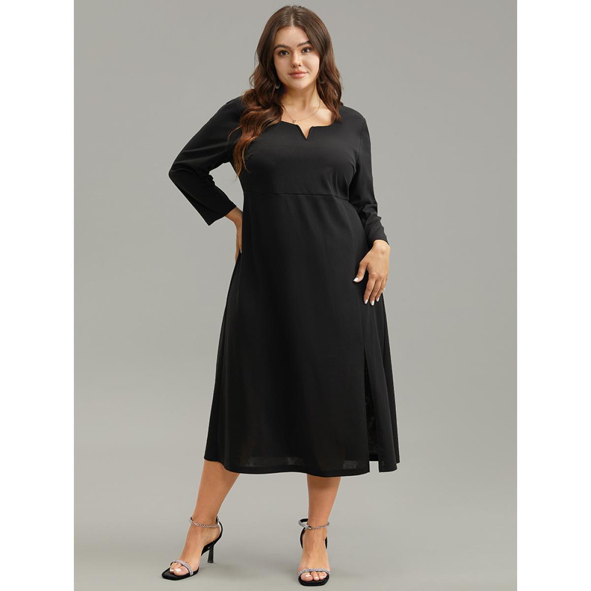 Plus Size Plain Notched Elastic Waist Split Hem Dress Black Women Glamour Plain Notched collar Long Sleeve Curvy Midi Dress BloomChic 22-24/3X Product Image