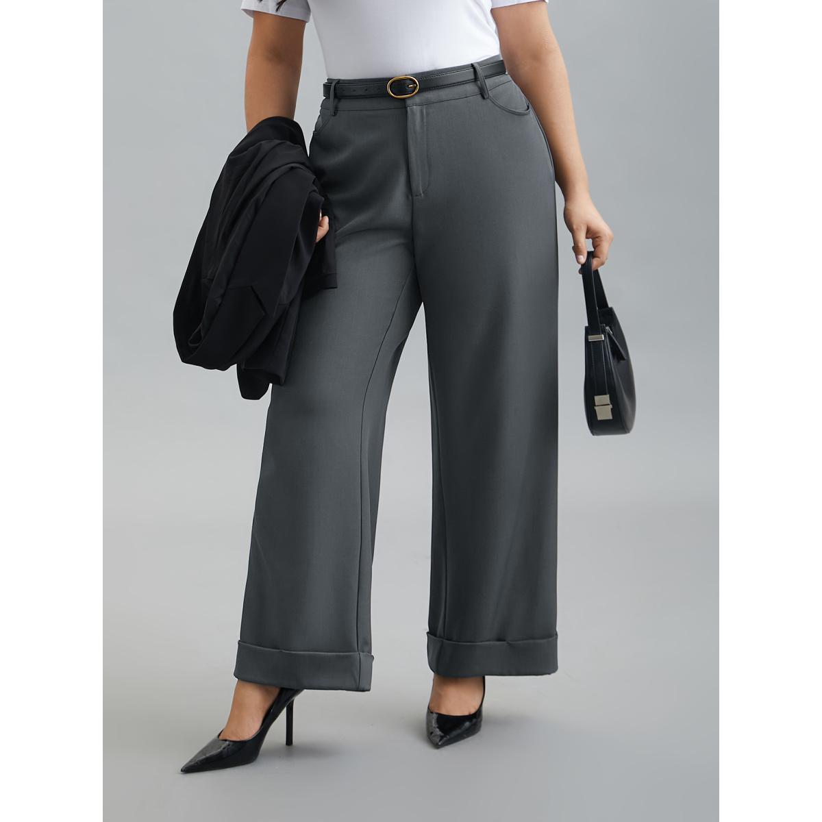 Plus Size Stretchy-Waist Roll Hem Pants Women DimGray Workwear Essentials Bootcut Mid Rise Work Pants BloomChic 26/4X Product Image