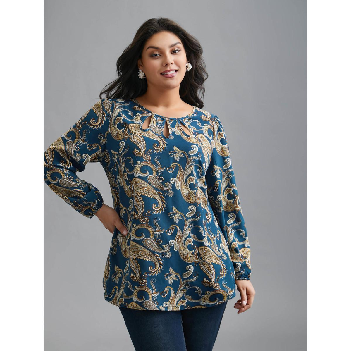 Plus Size Aegean Round Neck Paisley Cut Out Blouse Women Elegant Extra Long Sleeve Round Neck Everyday Blouses BloomChic 28/5X Product Image