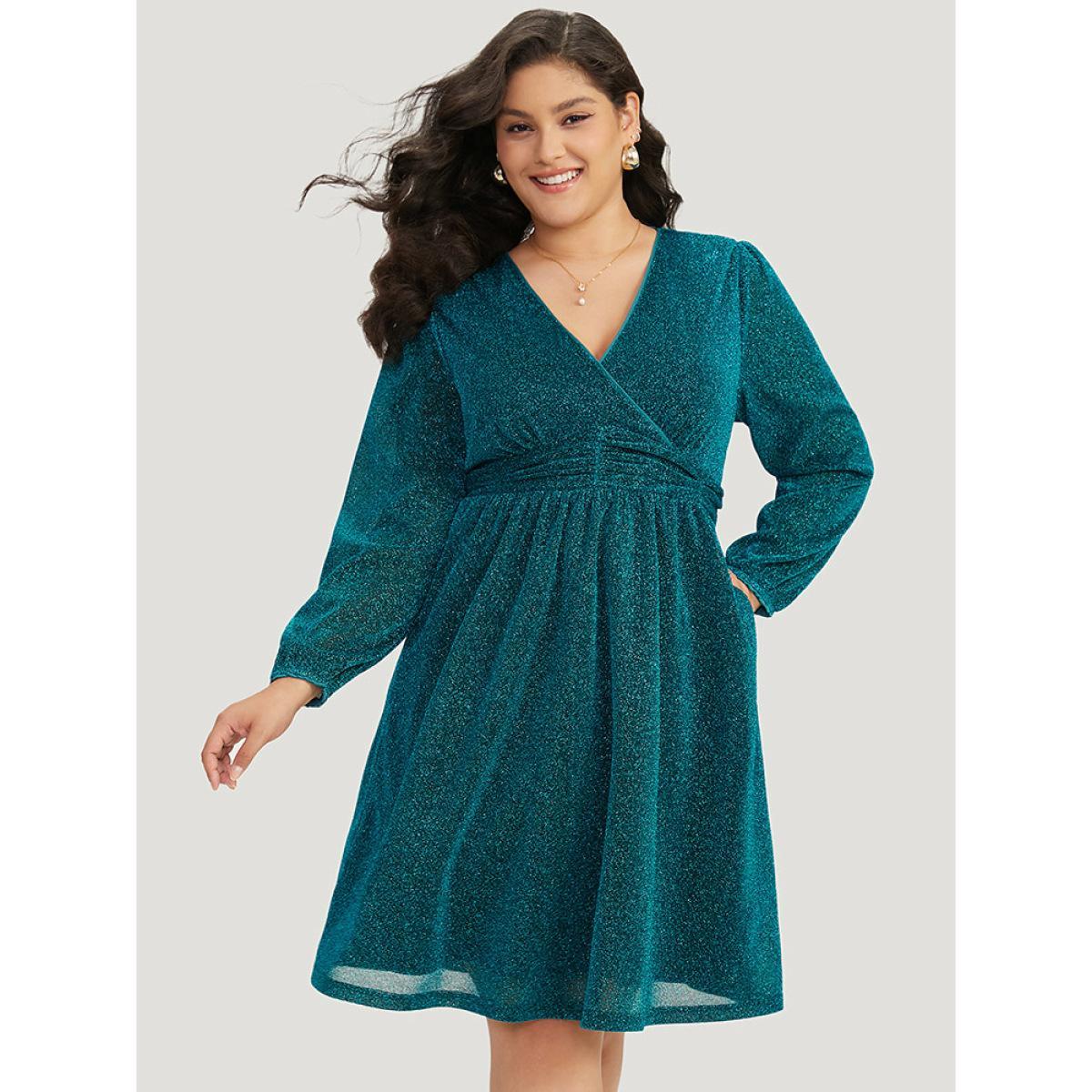 Plus Size Glitter Overlap Collar Pocket Ruched Dress Teal Women Elegant Elastic cuffs V-neck Long Sleeve Curvy Midi Dress BloomChic 28/5X Product Image
