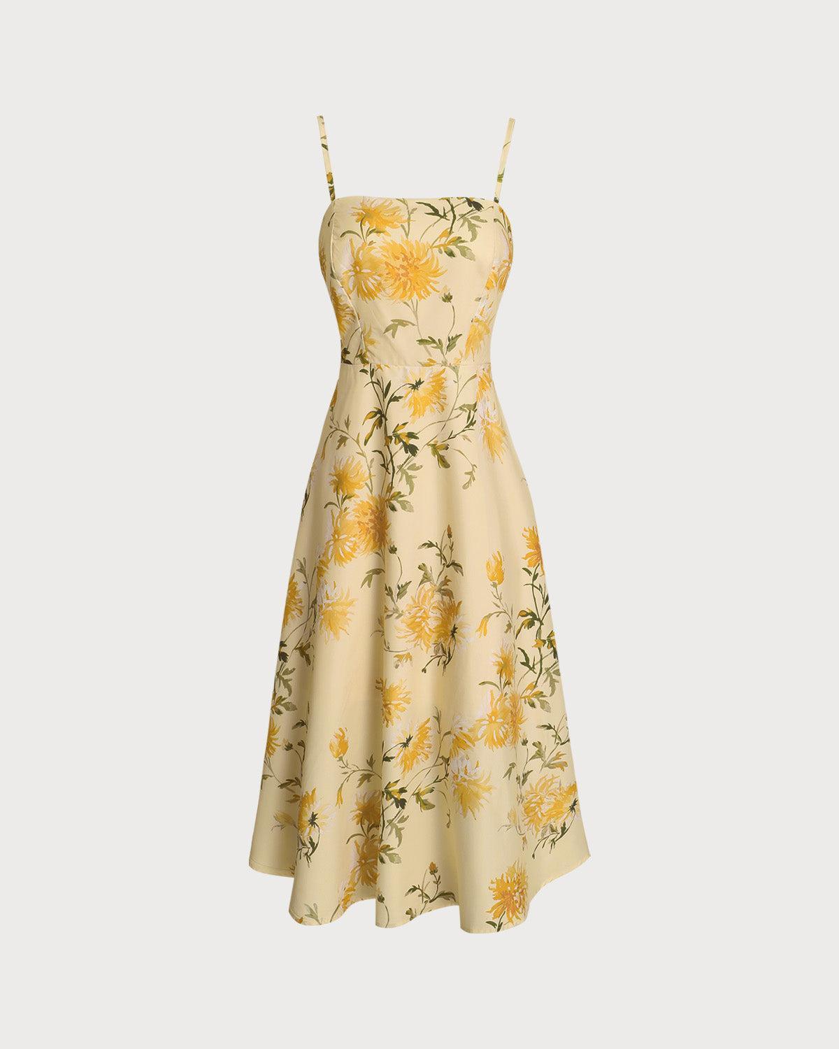 Yellow Floral Shirred Slip Midi Dress Product Image