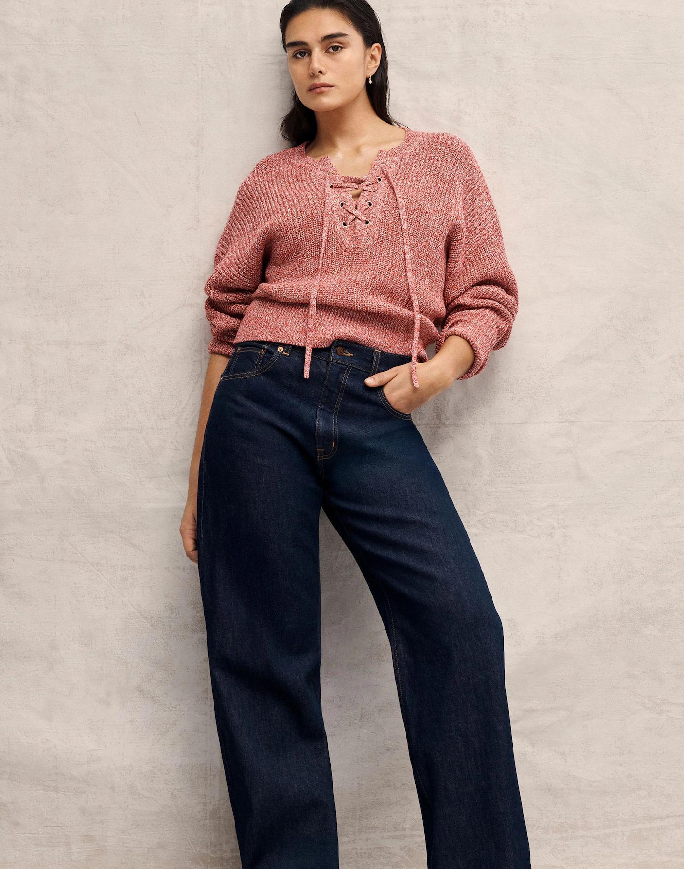 Marled Ribbed Lace-Up Sweater Product Image