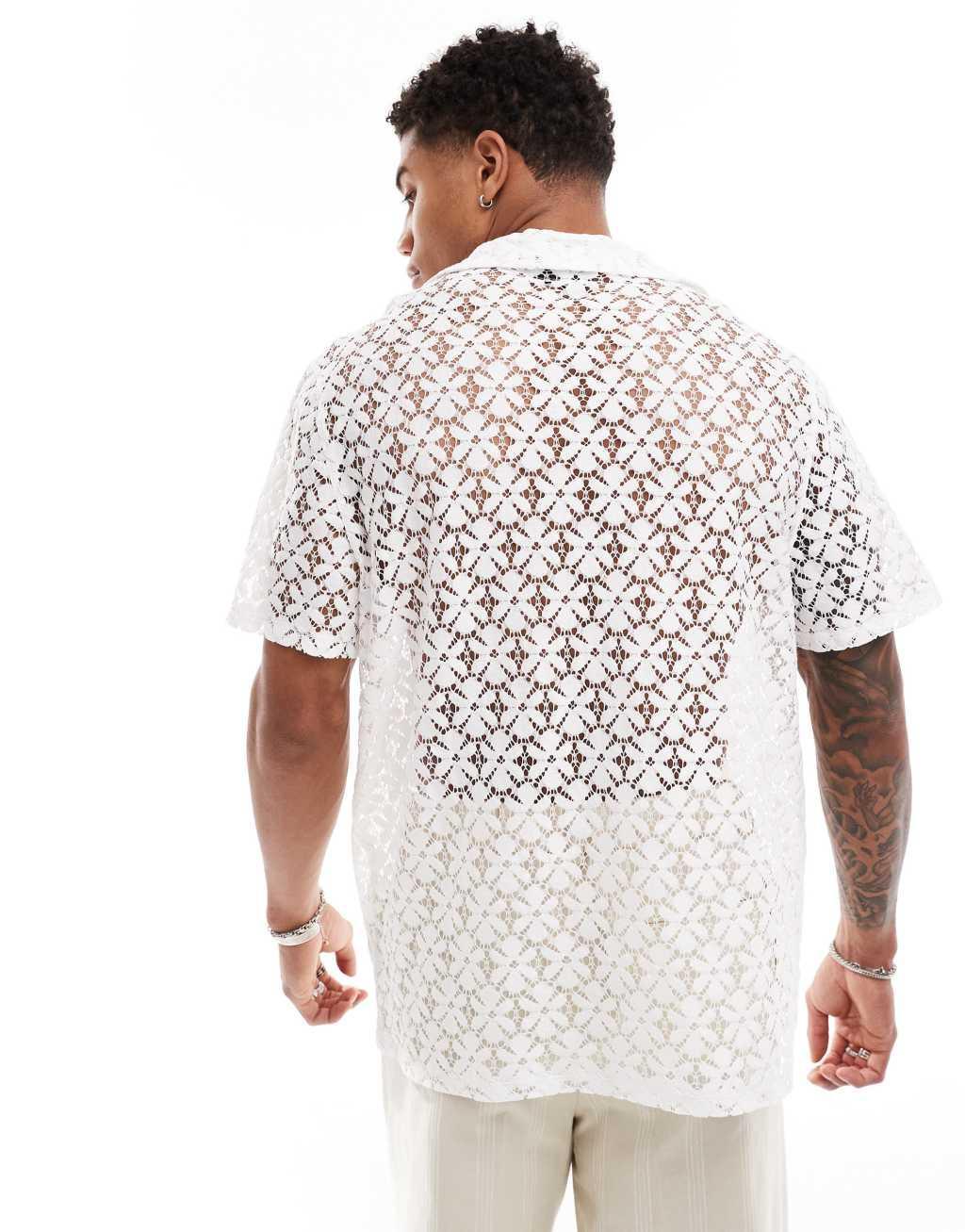 ASOS DESIGN short sleeve relaxed fit deep revere collar flower lace shirt in white Product Image