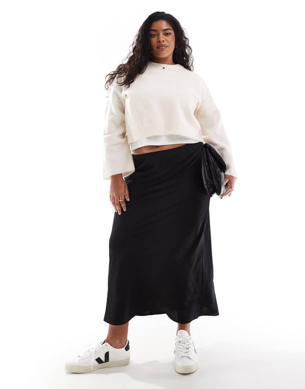 ASOS DESIGN Curve satin bias midi skirt in black Product Image