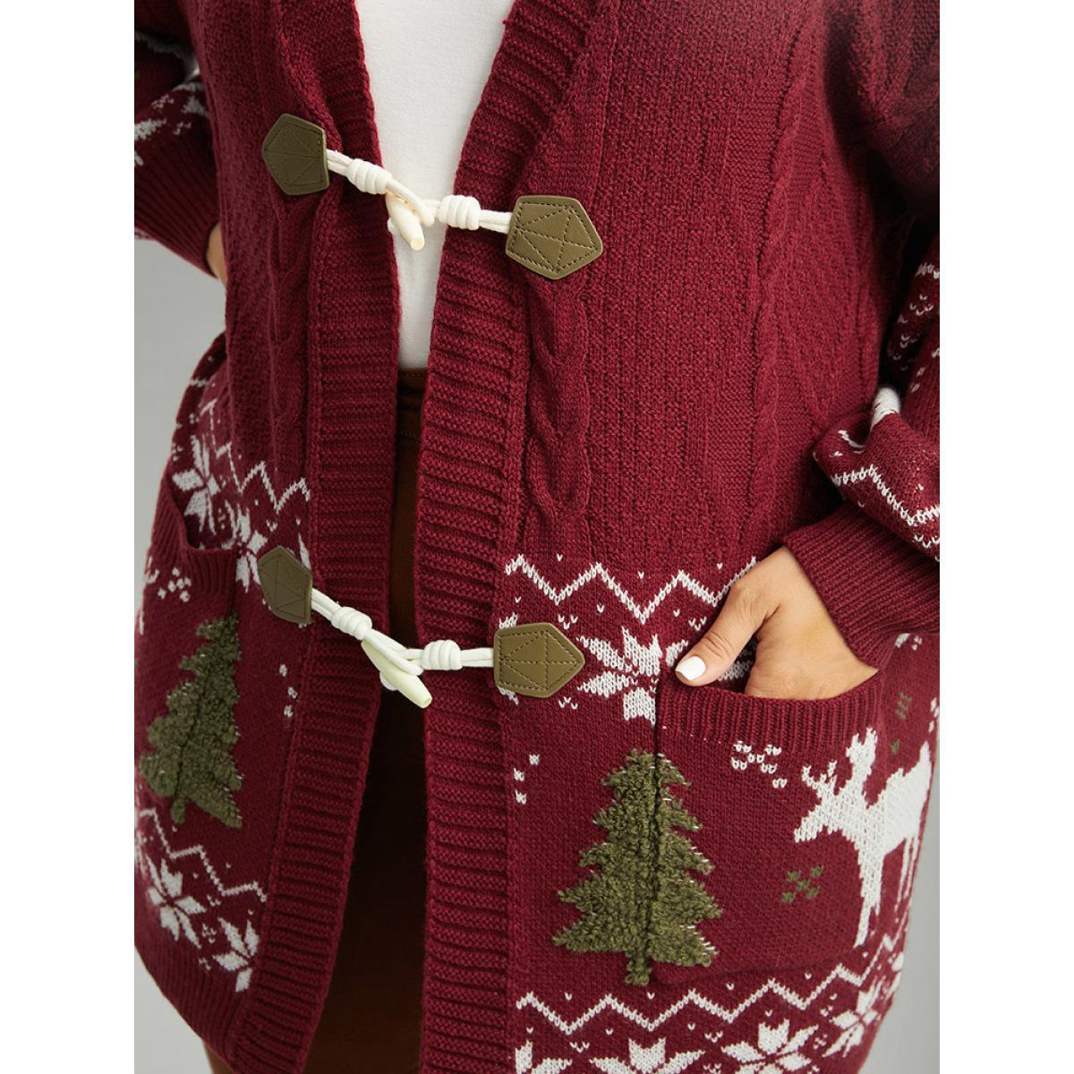 Plus Size Christmas Duffle Button Cable Knit Pocket Cardigan Scarlet Women Casual Loose Long Sleeve Festival-Halloween Cardigans BloomChic 12/L Product Image
