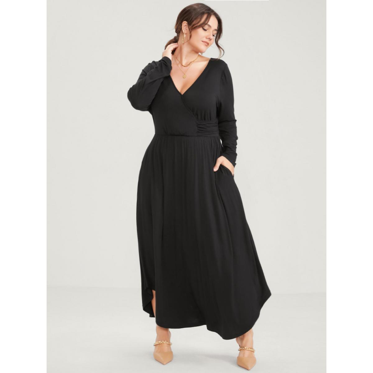 Plus Size Solid Pocket Button Elastic Waist Wrap Arc Hem Dress Black Women Elegant Arc Hem V-neck Long Sleeve Curvy Long Dress BloomChic 10/M Product Image