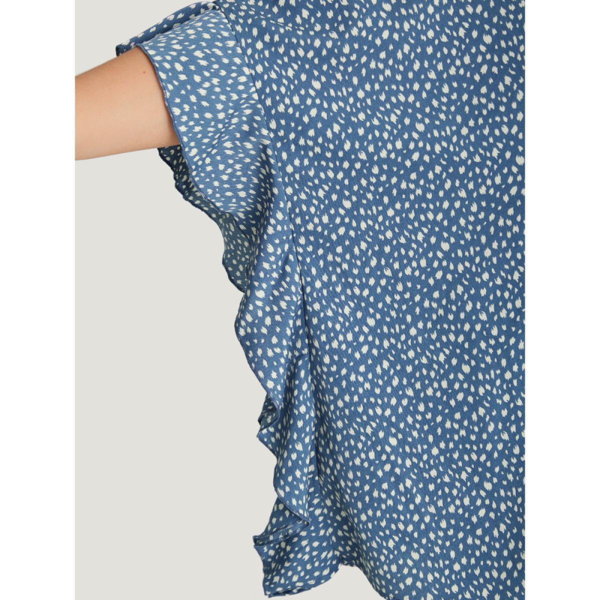 Plus Size Stone Leopard Print Ruffle Trim Asymmetrical Hem Batwing Sleeve Blouse Women Elegant Half Sleeve V-neck Dailywear Blouses BloomChic 30/6X Product Image