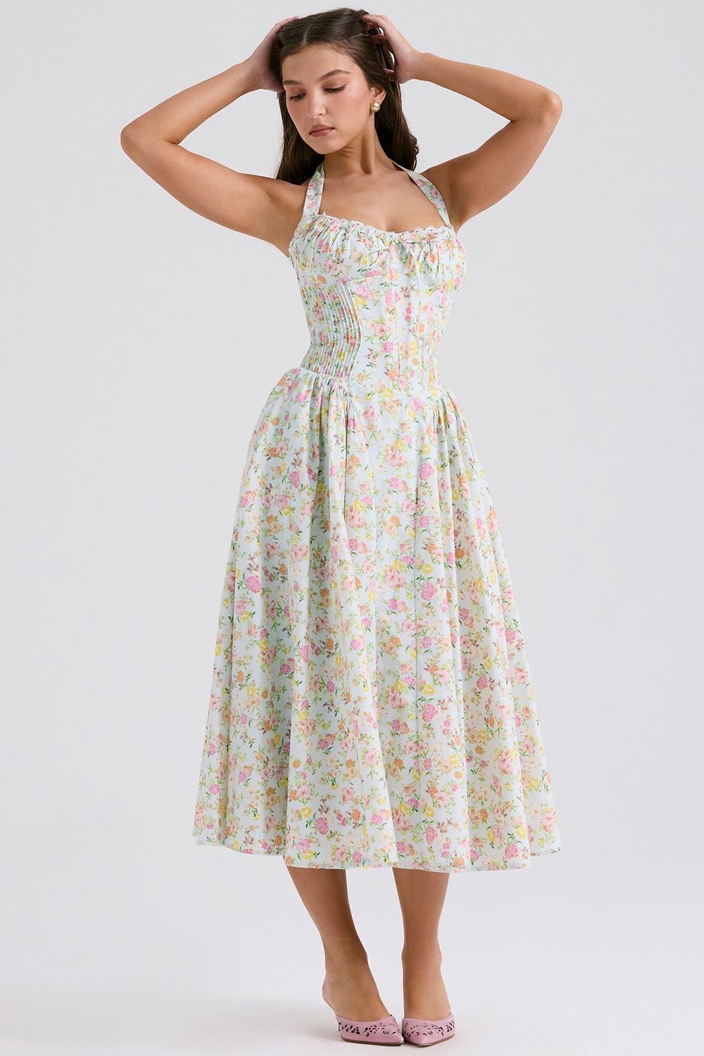 Adabella Pale Blue Meadow Print Cotton Halter Sundress Product Image