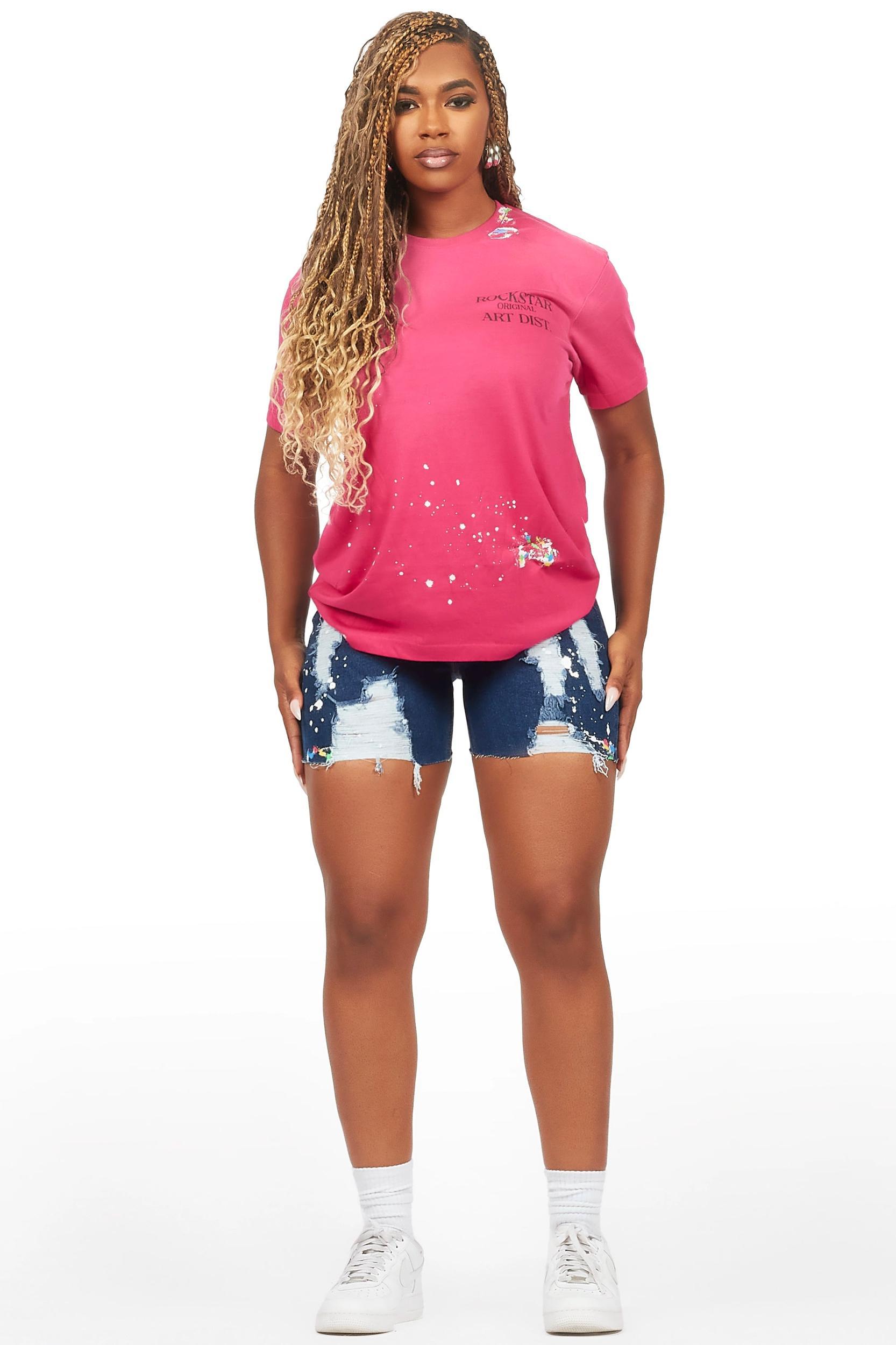 Jarah Pink/Blue Denim Short Set Female Product Image