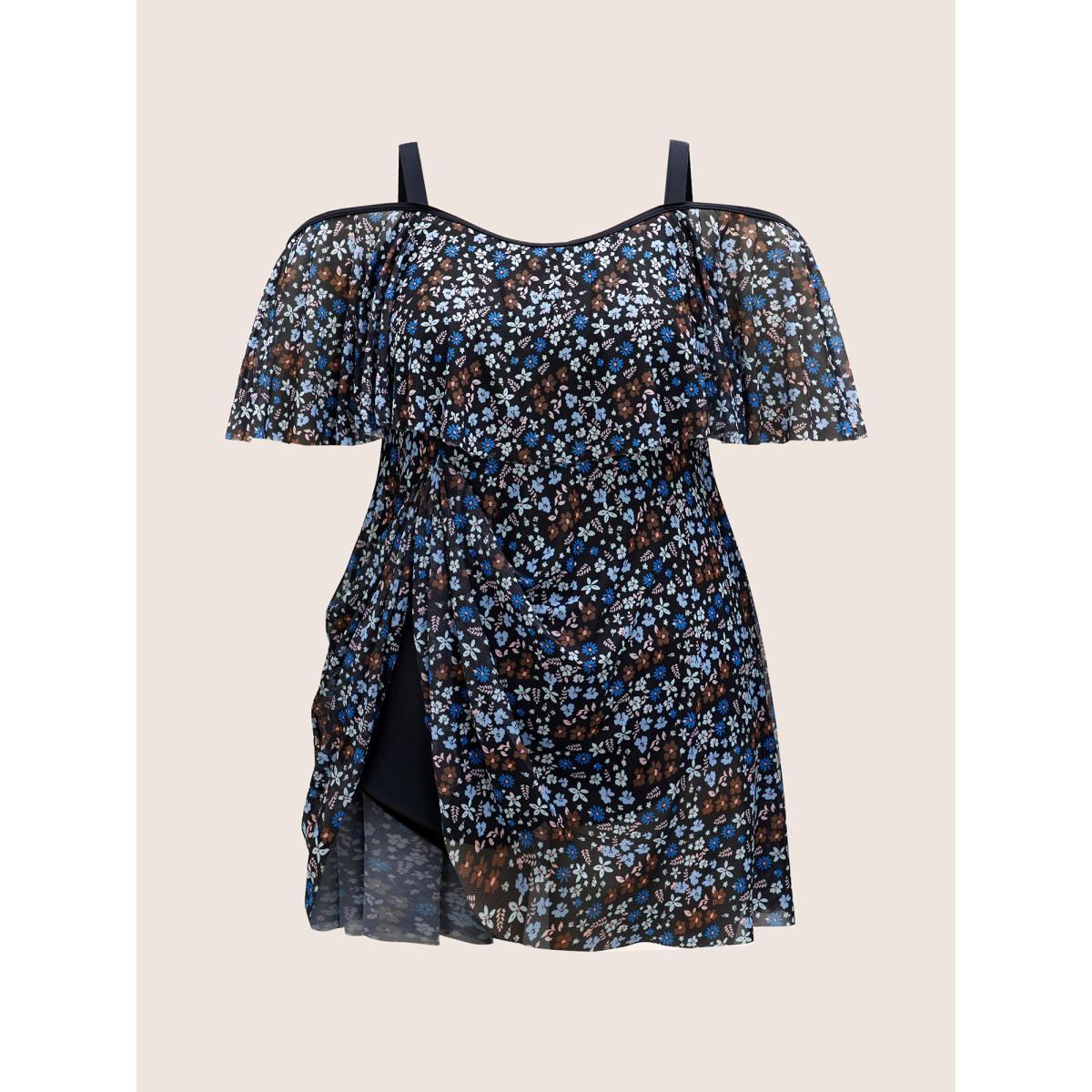 Plus Size One Shoulder Ditsy Floral Ruffles Swim Dress Women's Swimwear Black Beach Bodycon One-shoulder neck High stretch Curve Swim Dresses BloomChic 12/L Product Image