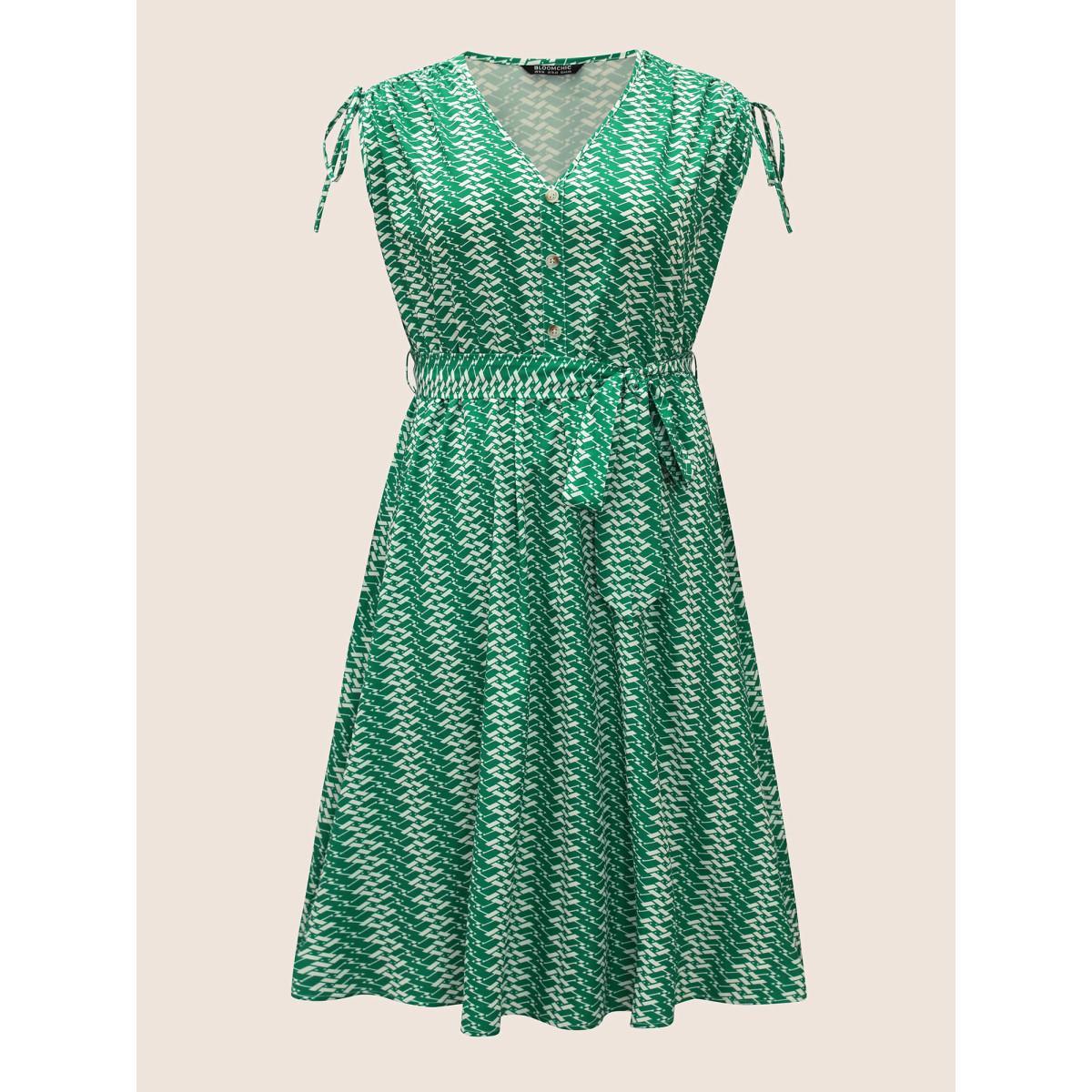 Plus Size Geometric Drawstring Cap Sleeve Midi Dress Malachitegreen Women At the Office Belted V-neck Cap Sleeve Curvy BloomChic 26/4X Product Image