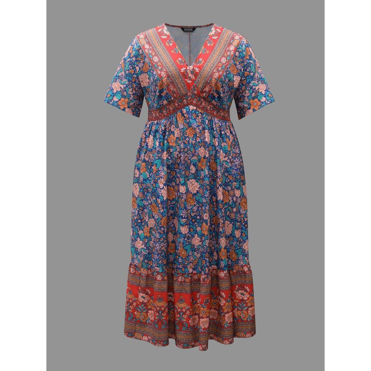 Plus Size Boho Print Ruffled Shirred V-Neck Maxi Dress Mediumblue Women Resort Shirred Overlap Collar Half Sleeve Curvy BloomChic 26/4X Product Image