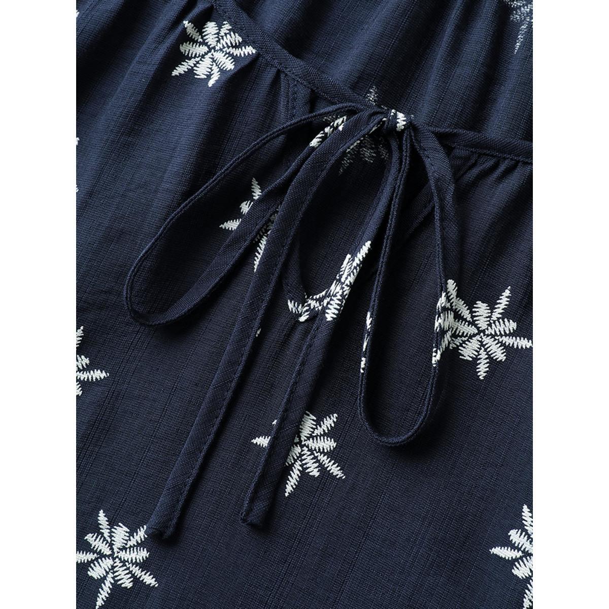 Plus Size Indigo Boho Print Keyhole Pleated Blouse Women Half Sleeve V-neck Vacation Blouses BloomChic 14-16/1X Product Image