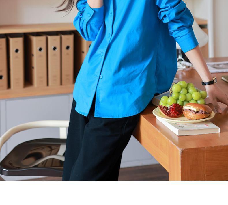 Long-Sleeve Lapel Collar Plain Button-Up Blouse Product Image