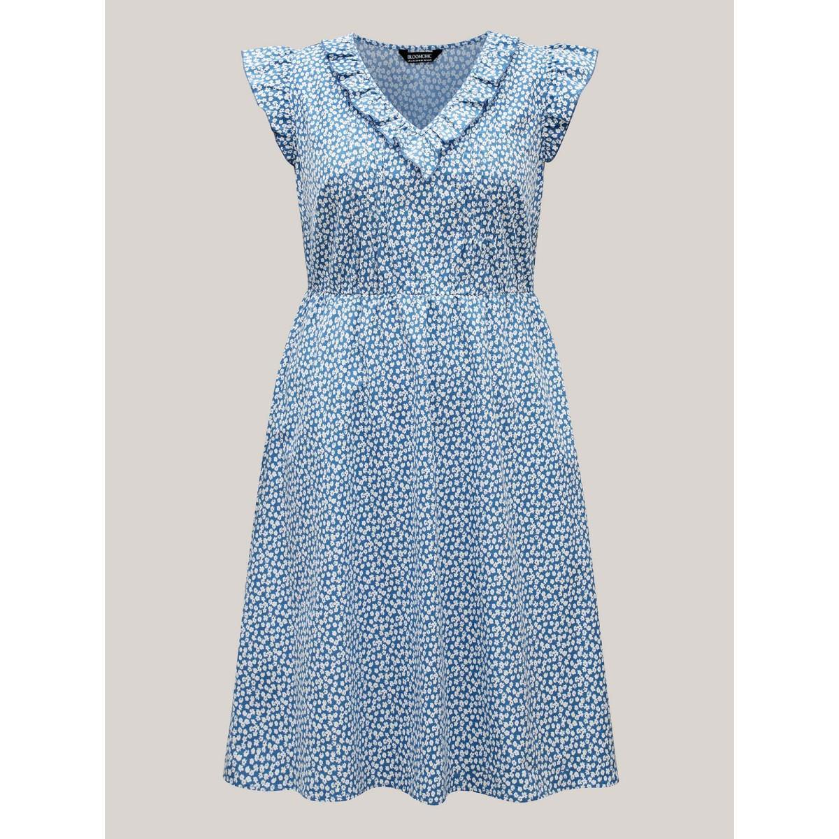 Plus Size Floral Print Ruffled Neck Midi Dress LightBlue Women V-neck Cap Sleeve Curvy BloomChic 10/M Product Image