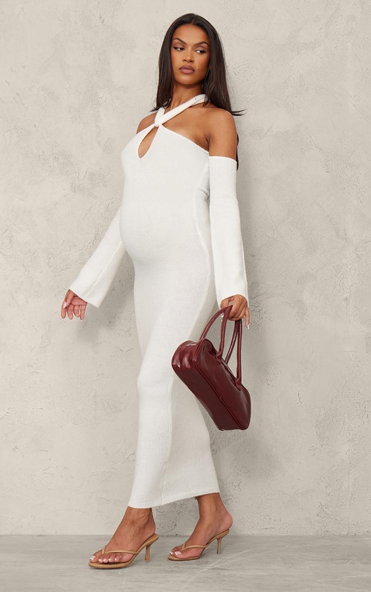 Maternity Cream Soft Knit Strappy Cut Out Maxi Dress Product Image