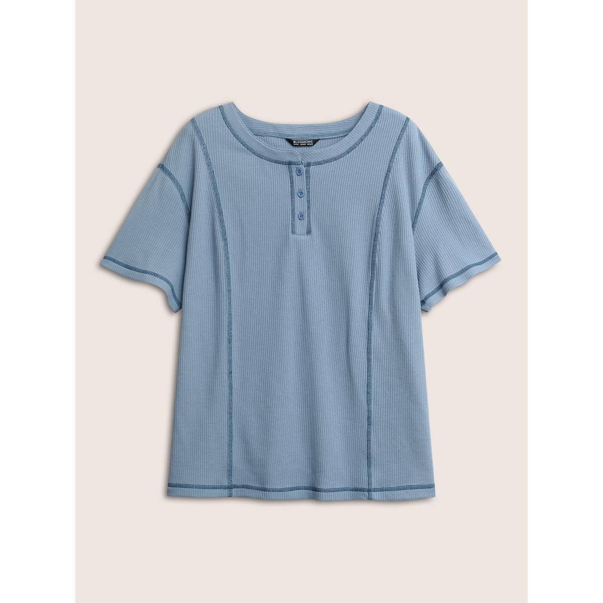 Plus Size Waffle Knit Round Neck Button Up T-shirt Stone Women Casual Button Round Neck Everyday T-shirts BloomChic 14-16/1X Product Image