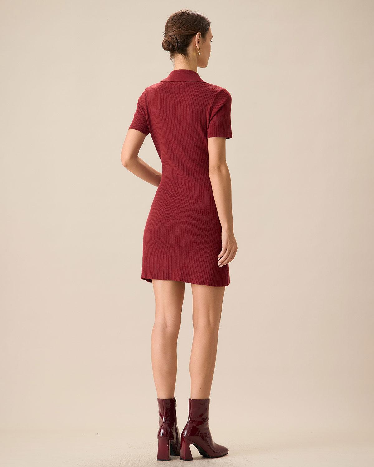 Women's Red V-Neck Bodycon Sweater Dress Female Product Image