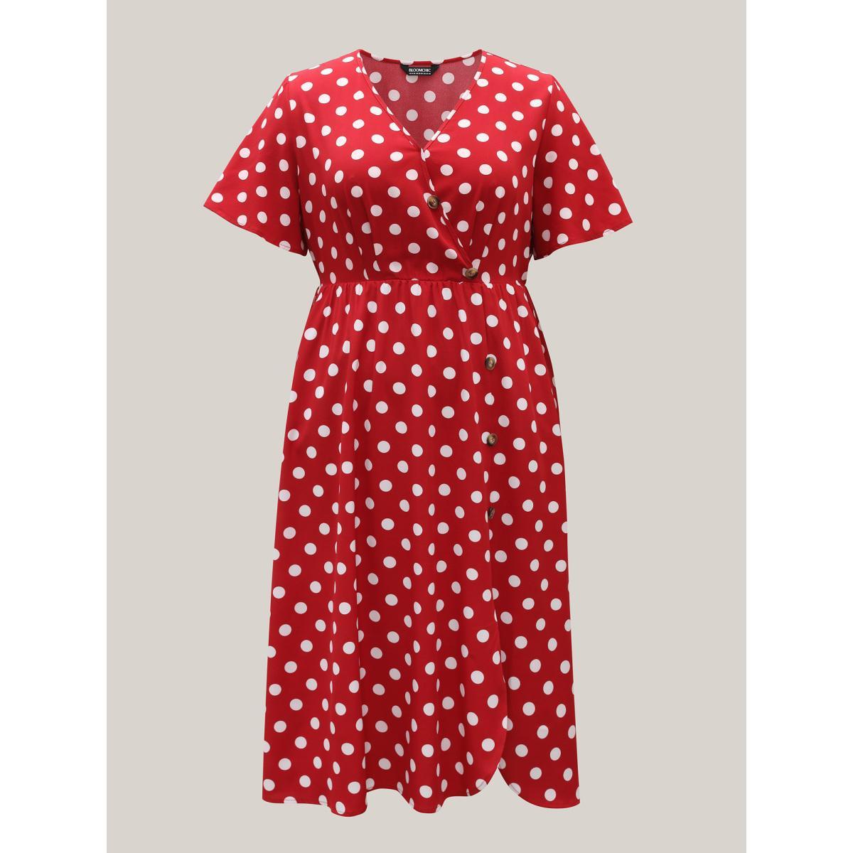 Plus Size Polka Dots Surplice Button Detail Midi Dress Burgundy Women Overlap Collar Short sleeve Curvy BloomChic 28/5X Product Image