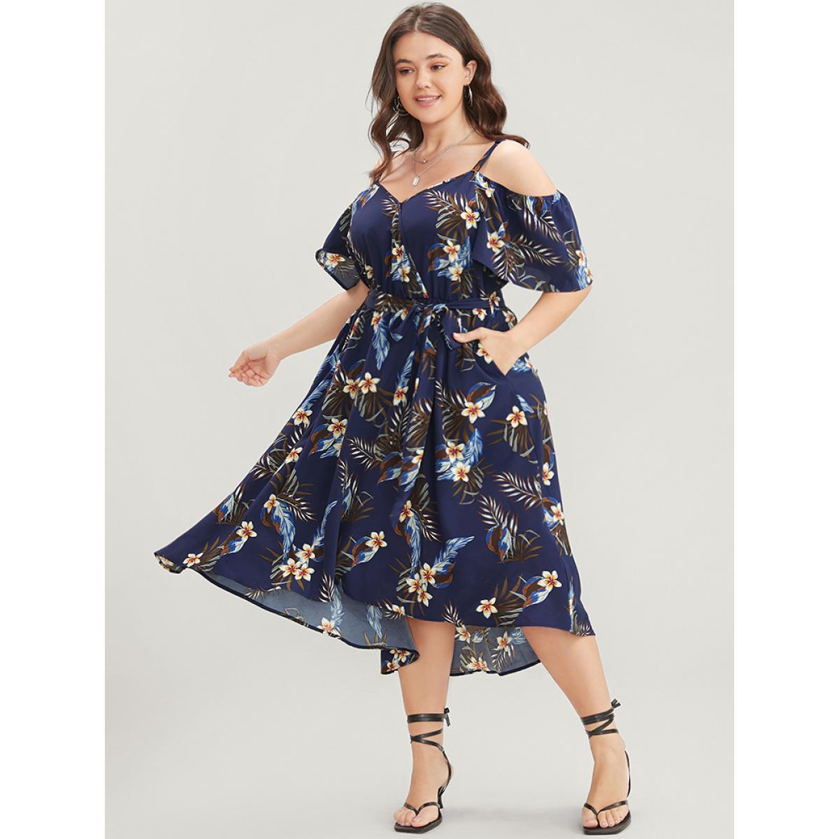 Plus Size Floral Cold Shoulder Pocket Ruffle Belted High Low Hem Dress DarkBlue Women Vacation Adjustable Straps Cold Shoulder Short sleeve Curvy Midi Dress BloomChic 14-16/1X Product Image