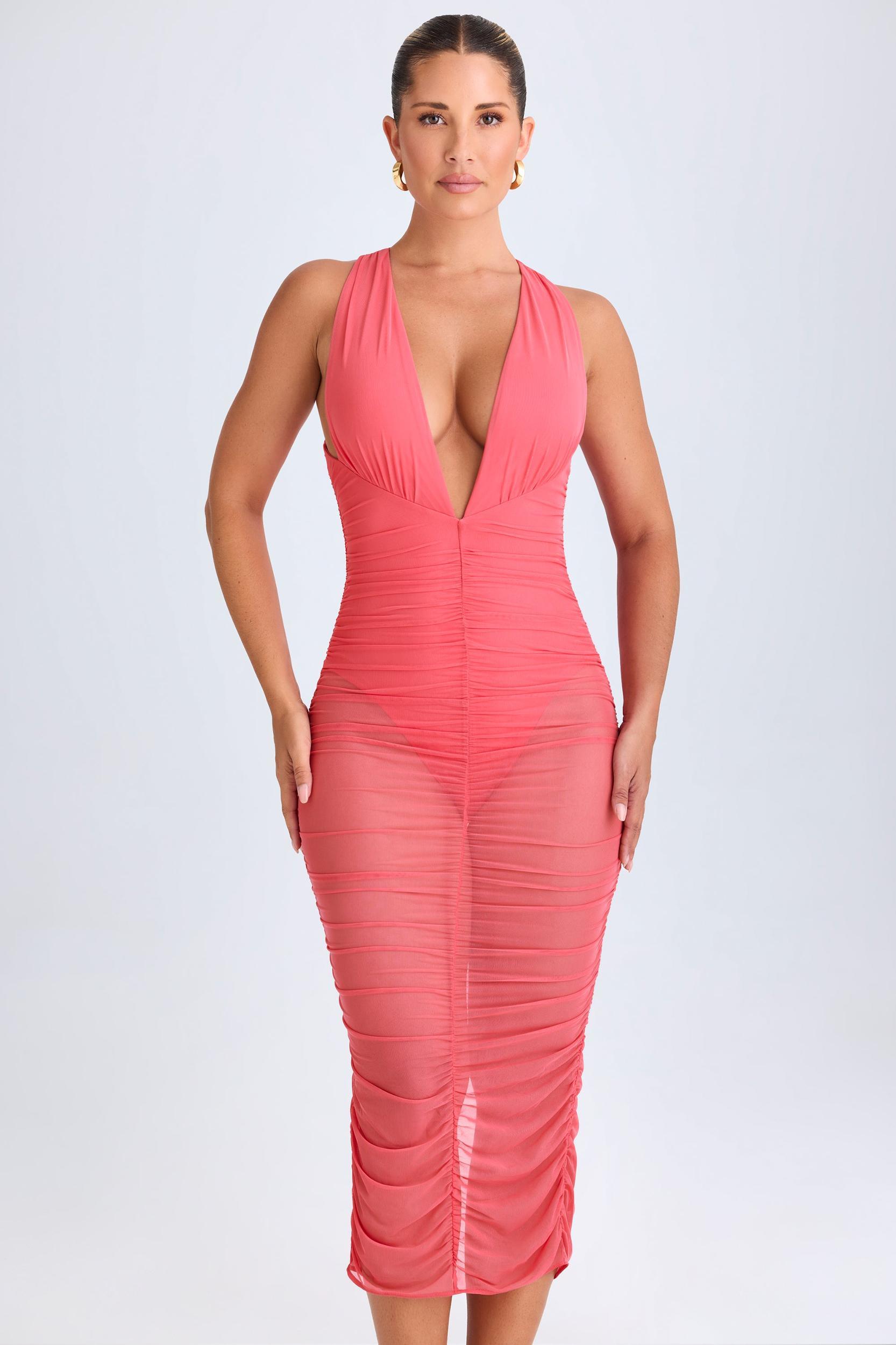 Ruched Plunge Midaxi Dress in Coral Product Image