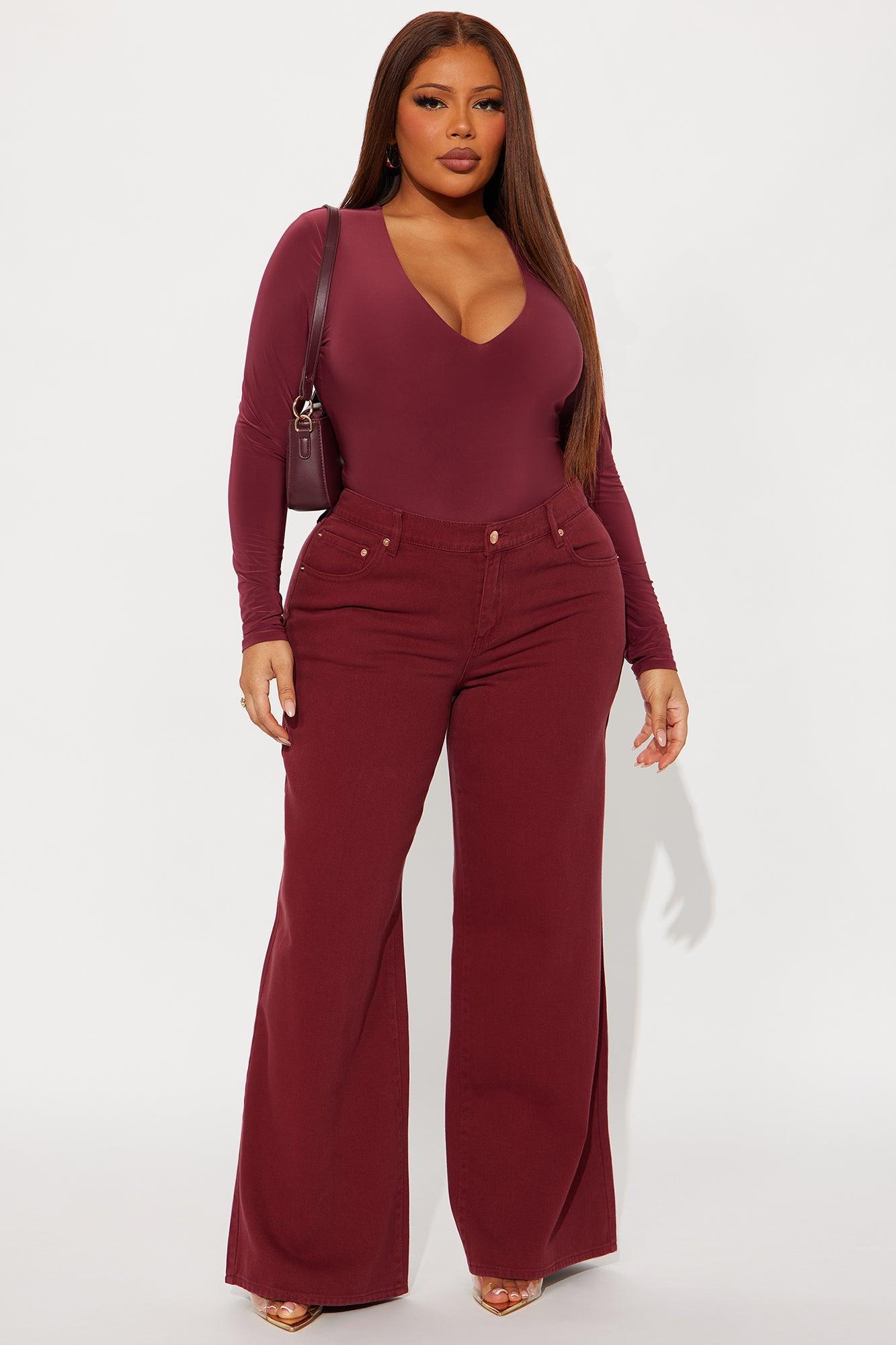 Take The Plunge Lined Long Sleeve Bodysuit - Burgundy Product Image