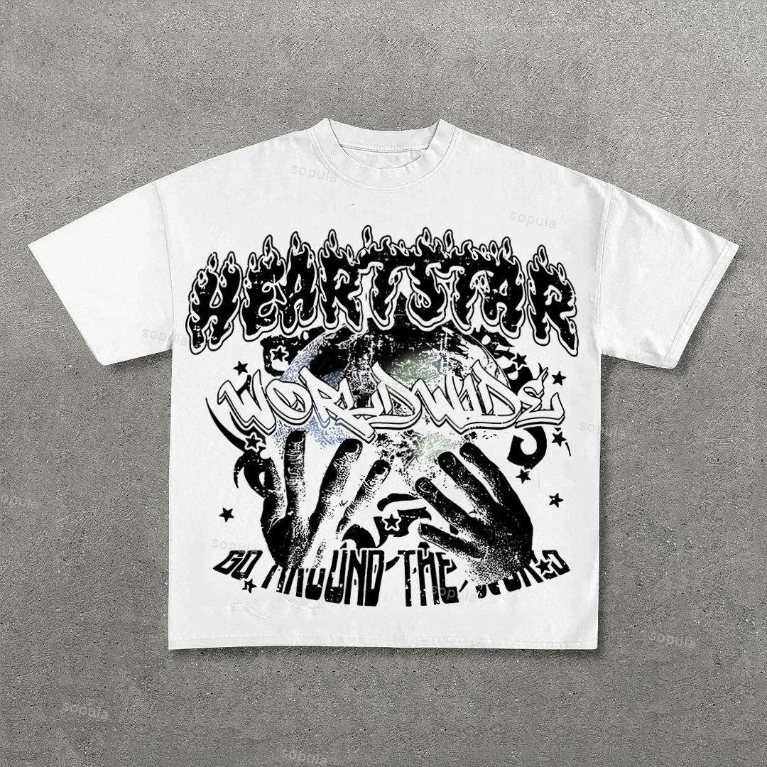 Vintage Heart Star Worldwide Print Graphic Cotton T-Shirt Product Image