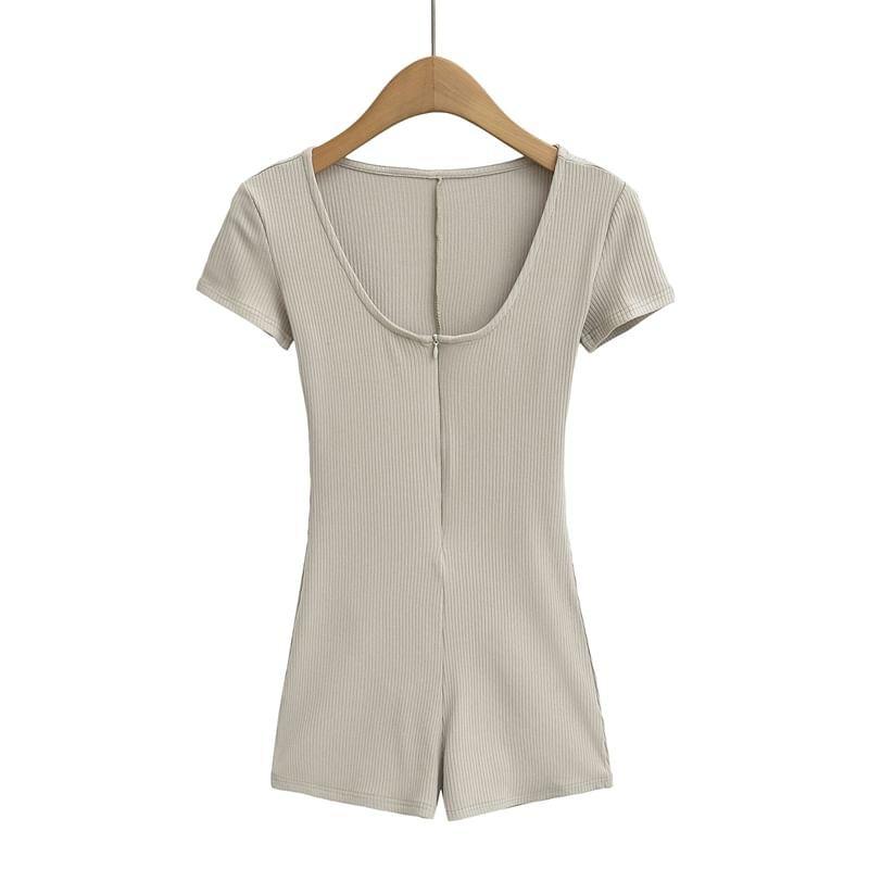 Short-Sleeve Scoop Neck Half-Zip Plain Romper Product Image