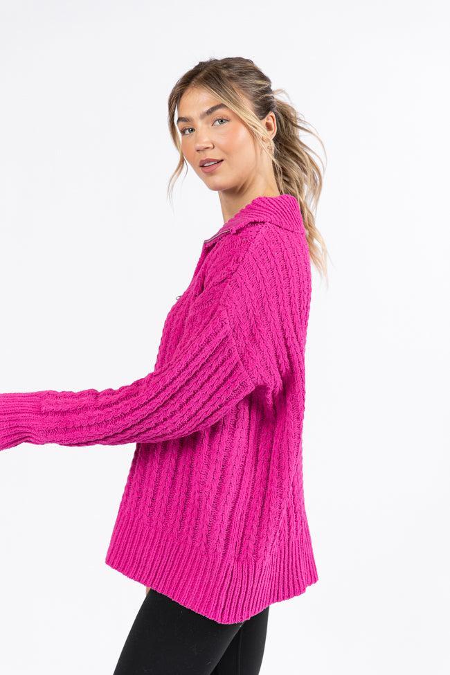 Forever Yours Magenta Cable Knit Chenille Quarter Zip Sweater Product Image
