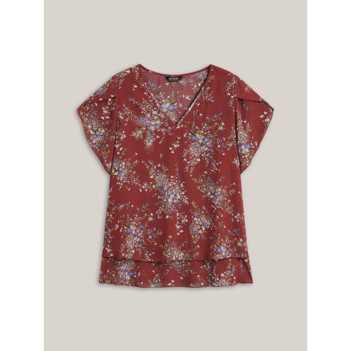 Plus Size Scarlet Floral Print Petal Sleeve Layered Blouse Women Elegant Half Sleeve V-neck Everyday Blouses BloomChic 30/6X Product Image