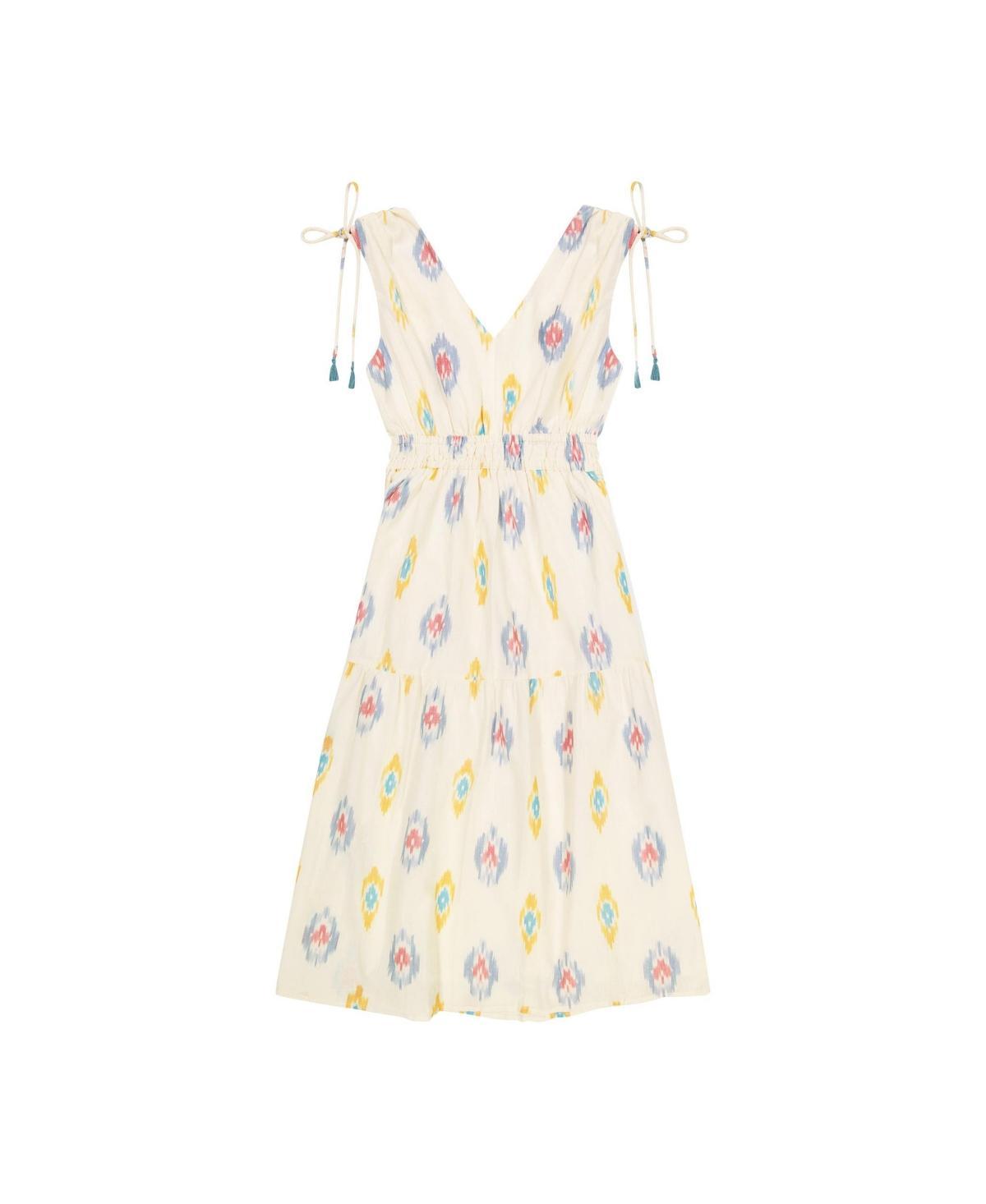 Mer St. Barth Womens Noemie Ruched Shoulder Tie Maxi Dress Gold Blue Ikat Product Image