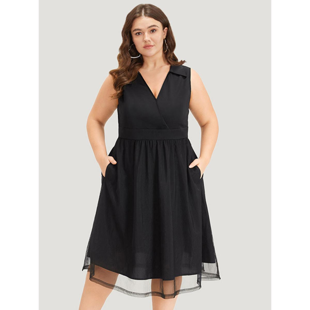 Plus Size Shirt Collar Pocket Mesh Elastic Waist Sleeveless Dress Black Women Elegant Lined Shirt collar Sleeveless Curvy Midi Dress BloomChic 26/4X Product Image