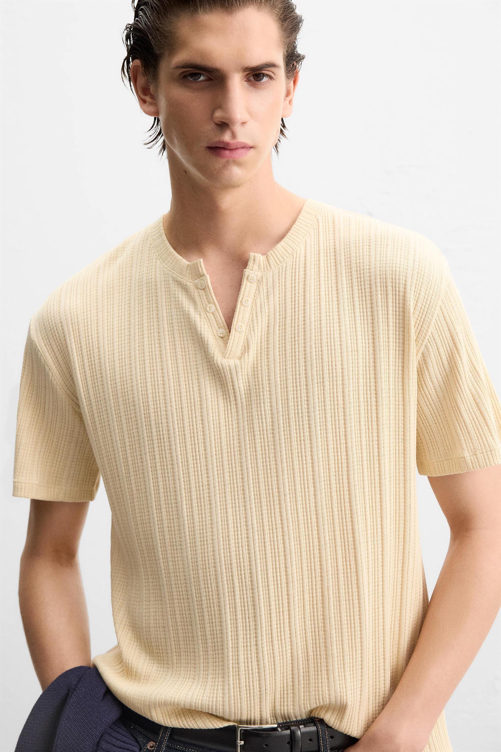 PLEATED BUTTON NECKLINE T-SHIRT Product Image