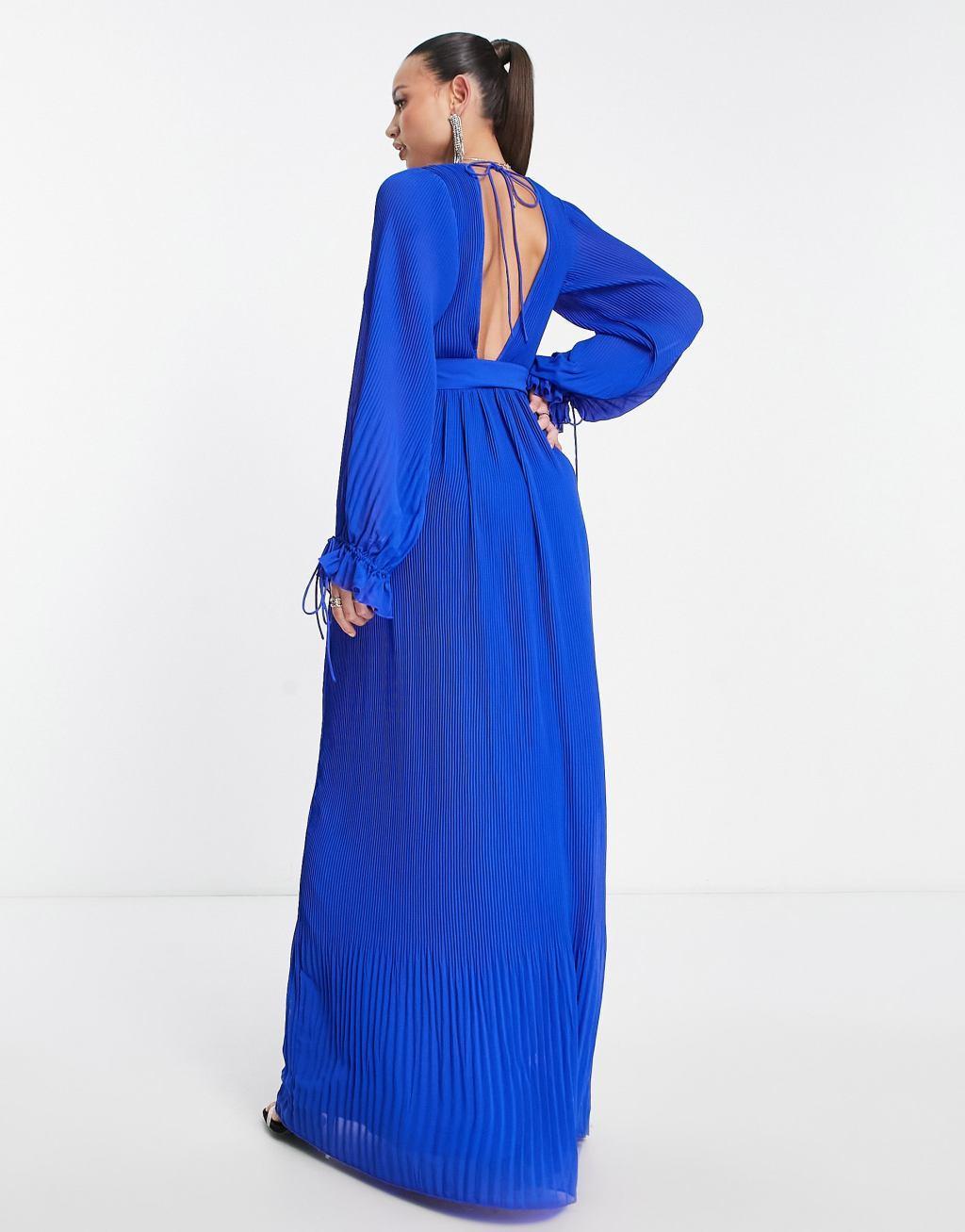 ASOS DESIGN Tall pleated blouson sleeve maxi dress with belt detail Product Image