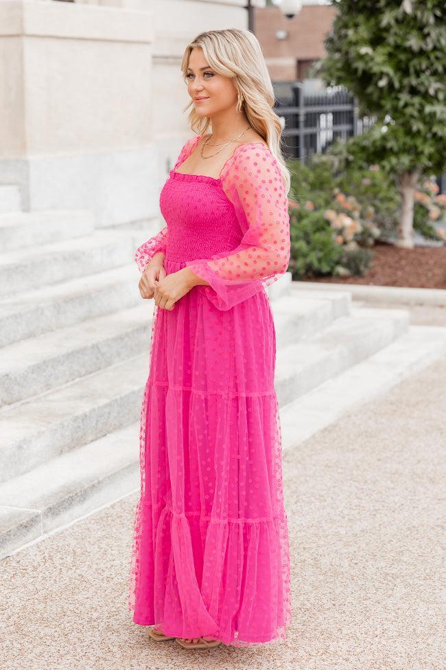 Figuring It Out Hot Pink Off The Shoulder Daisy Mesh Tiered Maxi Dress FINAL SALE Product Image