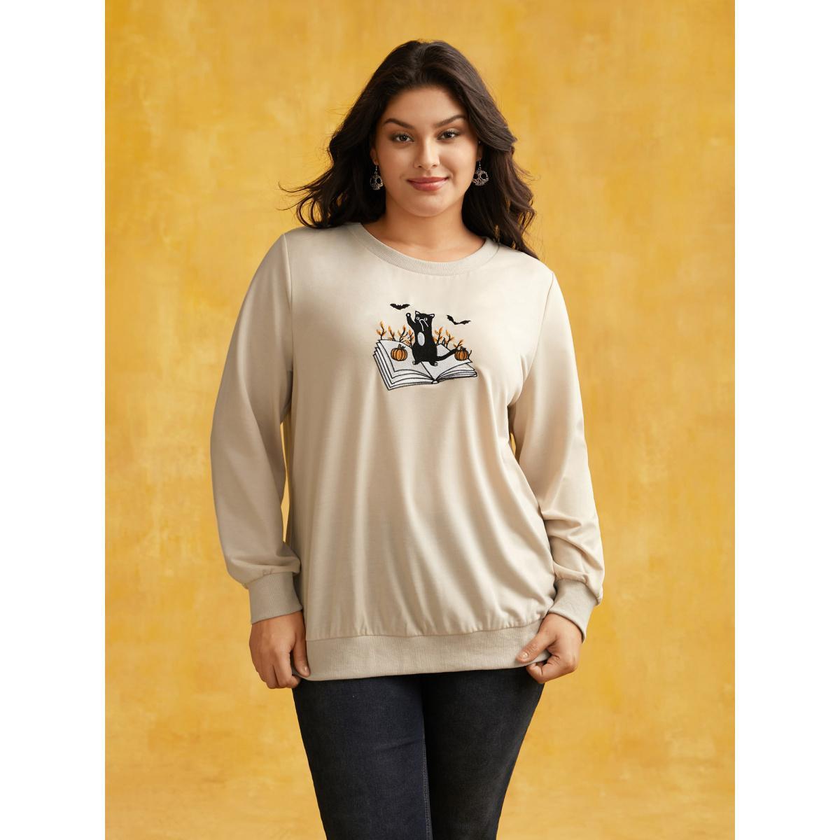 Plus Size Cat-in-the-book Embroidered Sweatshirt Women Apricot Casual Patchwork Loose Round Neck Everyday Sweatshirts BloomChic 26/4X Product Image
