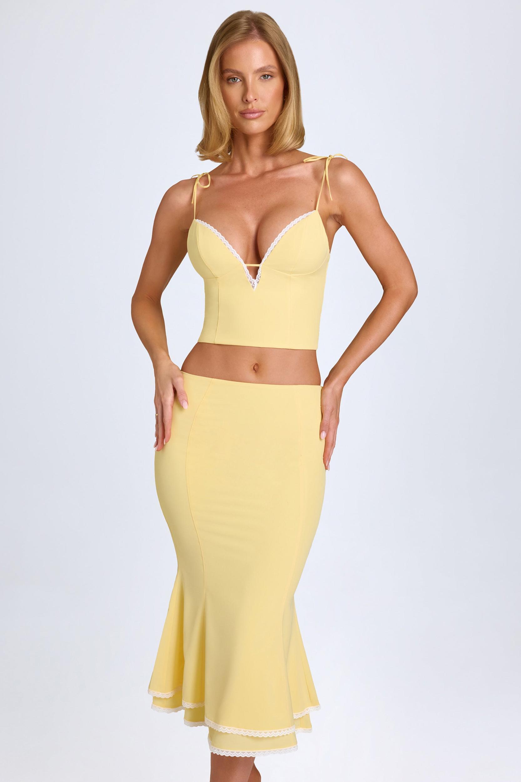 Lace-Trim Mid-Rise Midaxi Skirt in Pastel Yellow Product Image