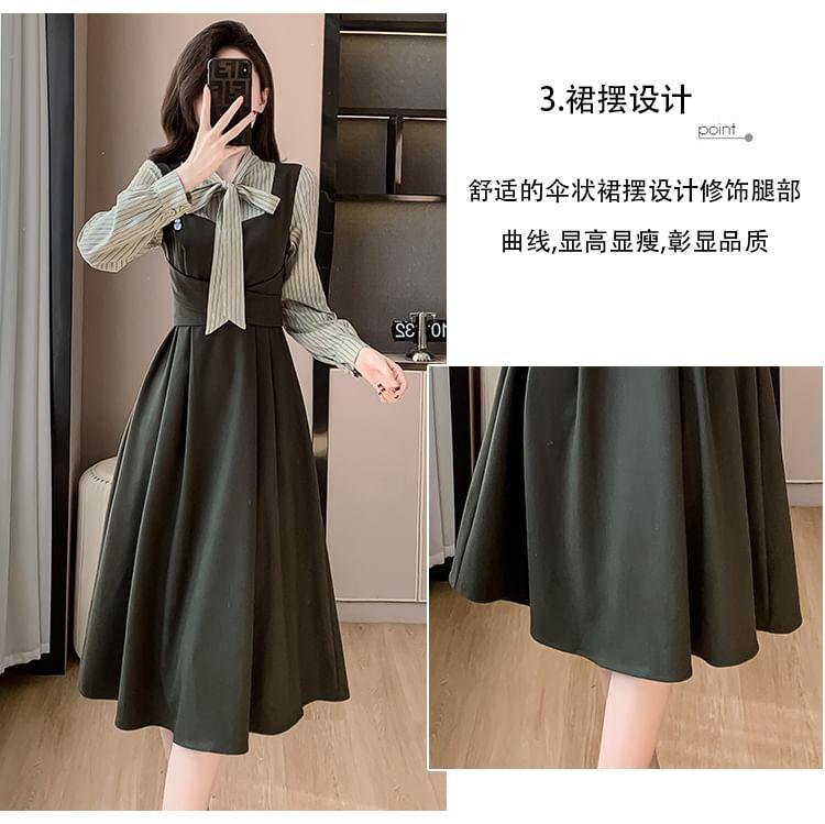 Mock Two-Piece Long-Sleeve Tie-Neck Striped Panel Midi A-Line Dress Product Image