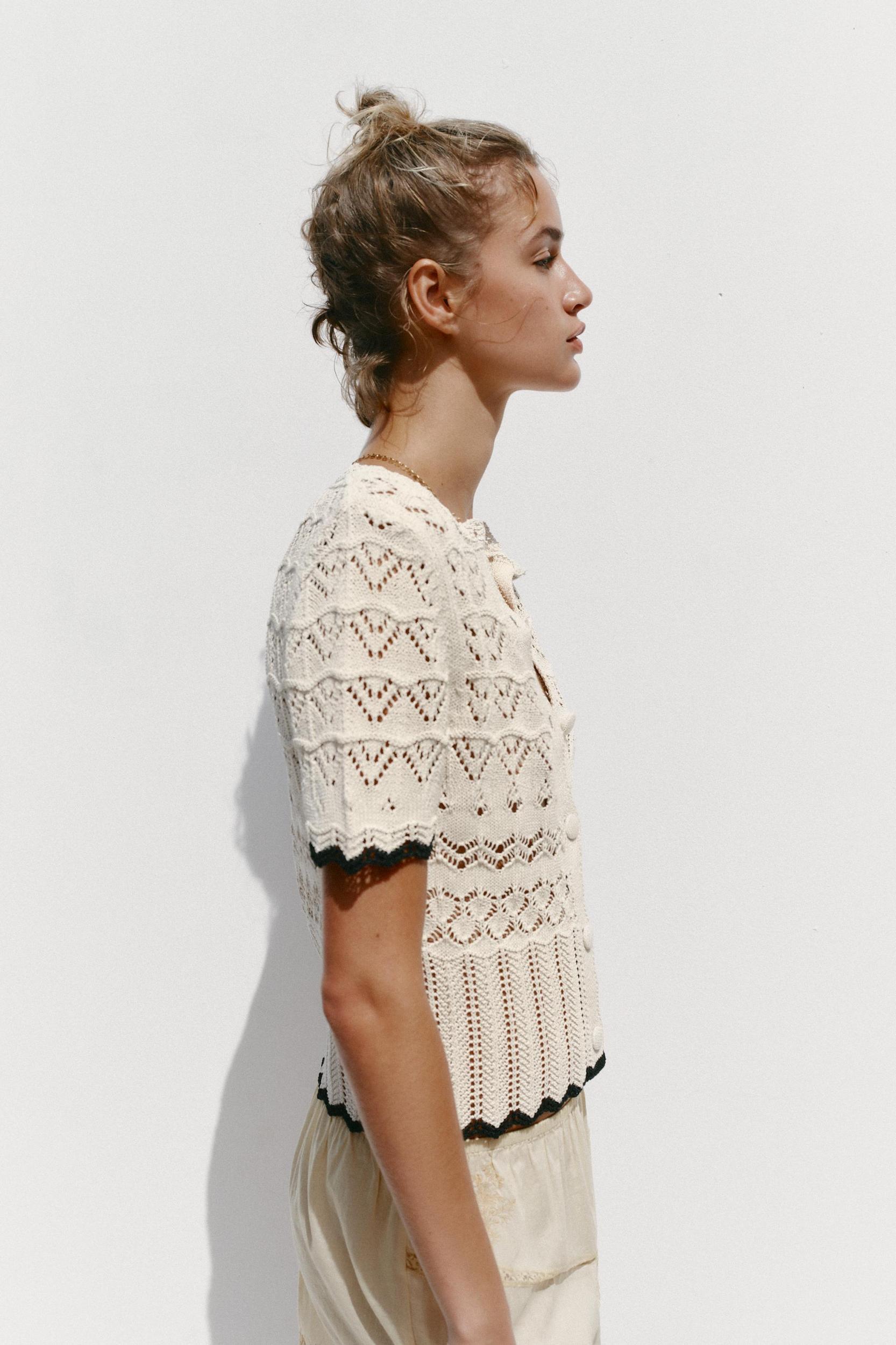 POINTELLE KNIT SHORT SLEEVE CARDIGAN Product Image