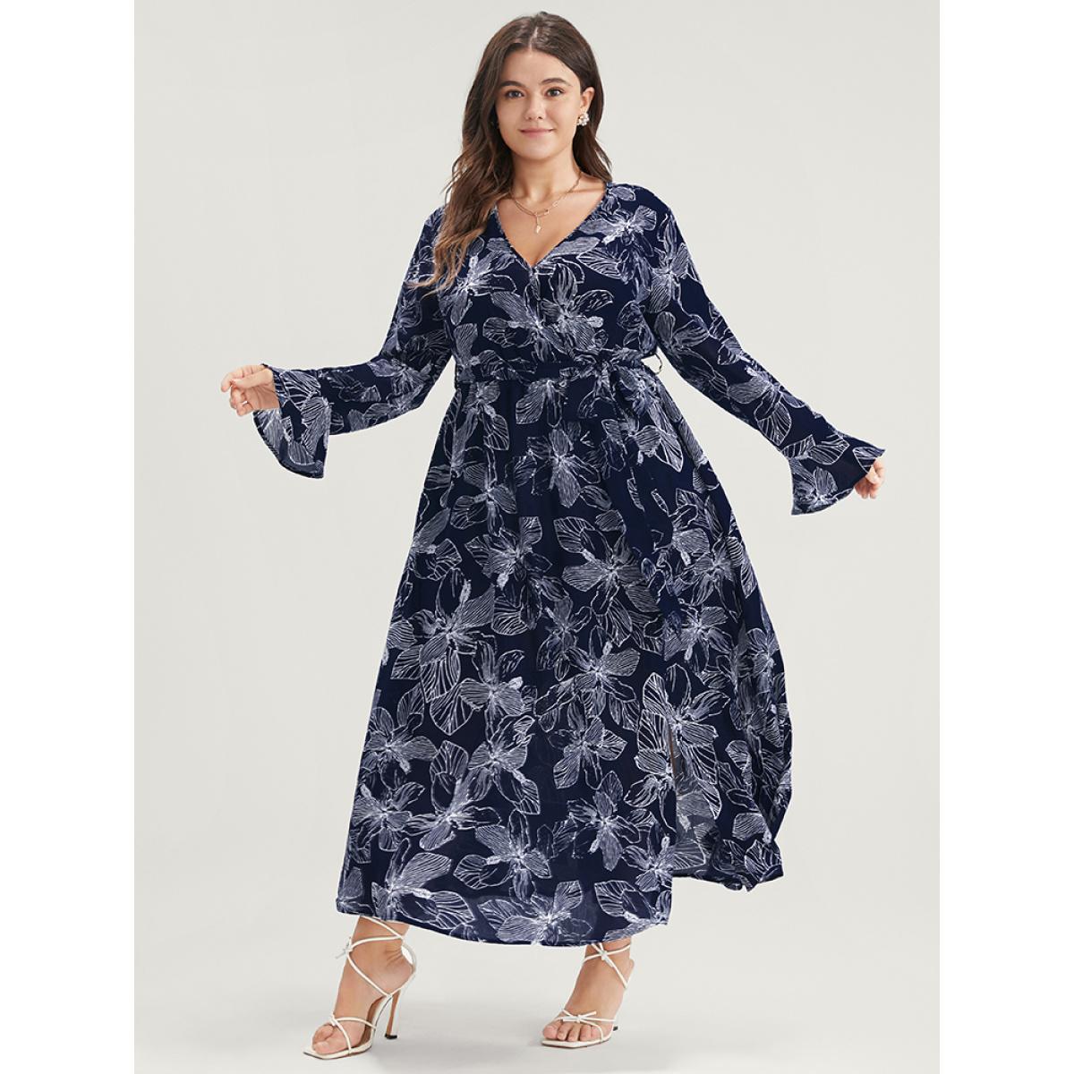 Plus Size Floral Print Belted Pocket Split Hem Wrap Dress DarkBlue Women Elegant Pocket V-neck Long Sleeve Curvy Midi Dress BloomChic 30/6X Product Image