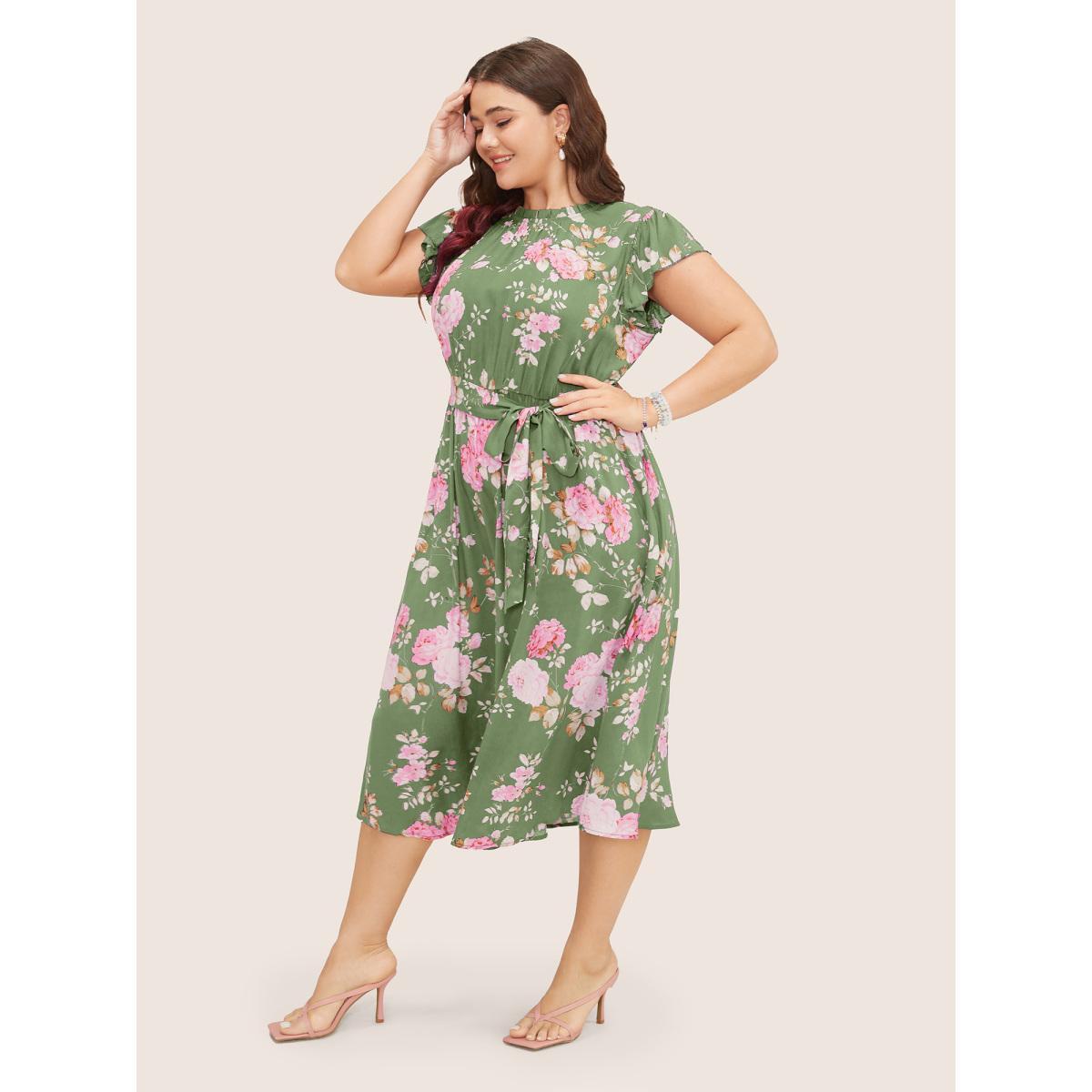 Plus Size Floral Frill Trim Mock Neck Pocket Ruffle Belted Cap Sleeve Dress Palemauve Women Elegant Non Round Neck Short sleeve Curvy Midi Dress BloomChic 30/6X Product Image