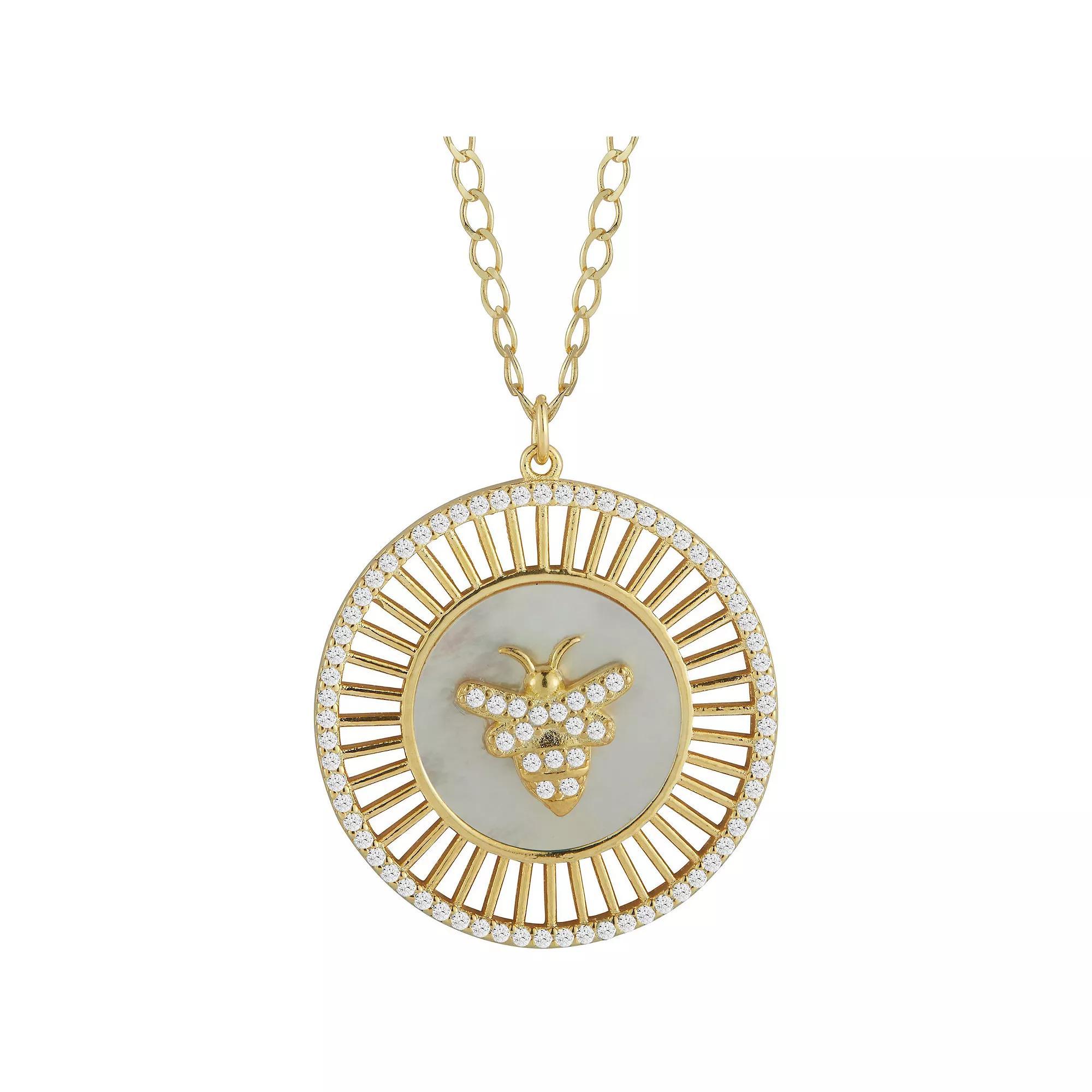 Sunkissed Sterling Cubic Zirconia Bee Medallion Necklace, Women's, Size: 18", Gold Tone Green Product Image