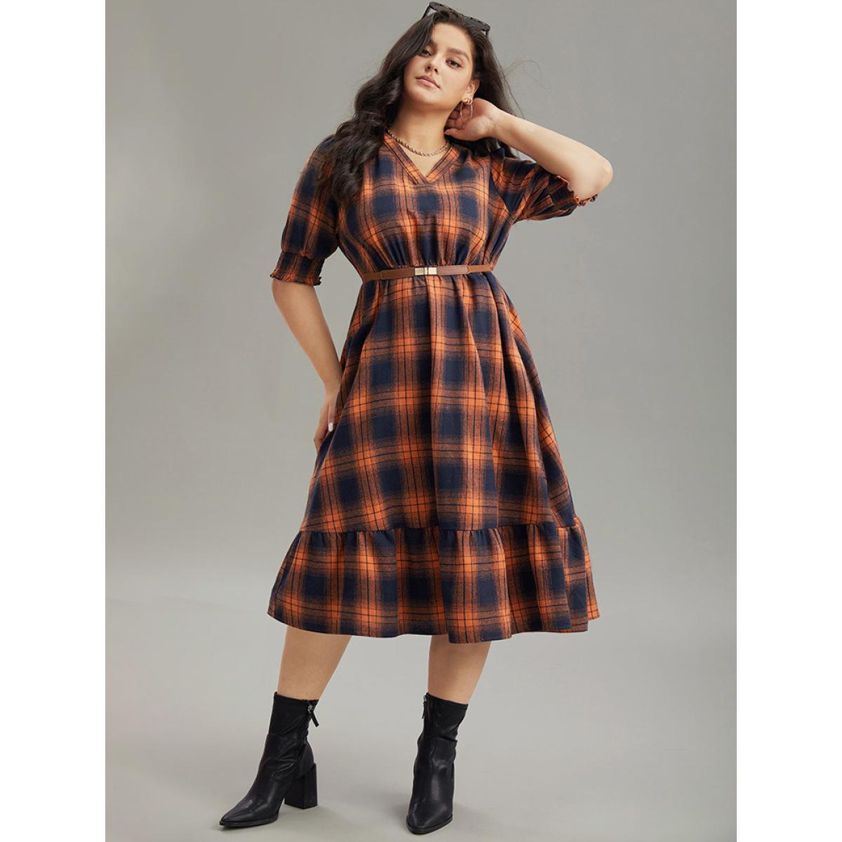 Plus Size Plaid Shirred Ruffles Pocket Dress Orange Women Elegant Printed V-neck Short sleeve Curvy Midi Dress BloomChic 28/5X Product Image