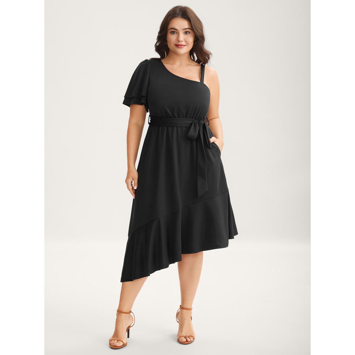 Plus Size One-Shoulder Ruffled Belted Midi Dress Black Women Asymmetrical Neck Short sleeve Curvy BloomChic 10/M Product Image
