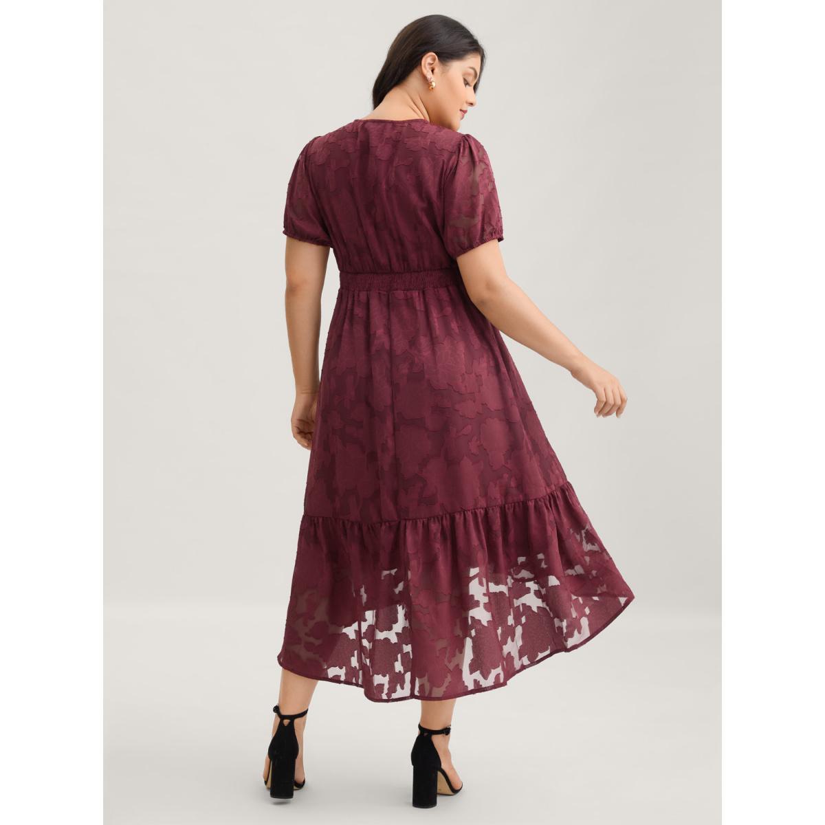 Plus Size Solid Textured Lantern Sleeve Button Detail Dress Burgundy Women Elegant Button V-neck Short sleeve Curvy BloomChic 12/L Product Image