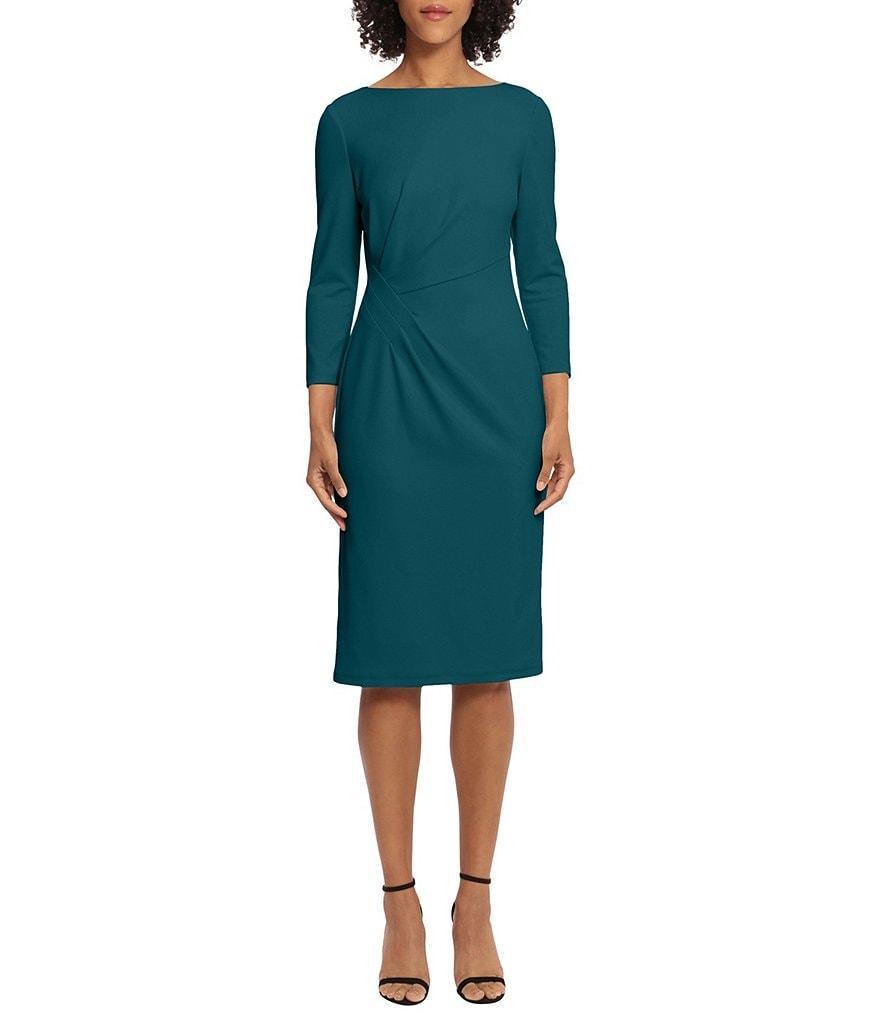 Maggy London Stretch Boat Neck 3/4 Sleeve Pleated Knot Waist Detailed Sheath Dress Product Image