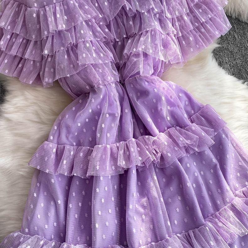 Short-Sleeve Dotted Ruffle Mesh Maxi A-Line Dress Product Image