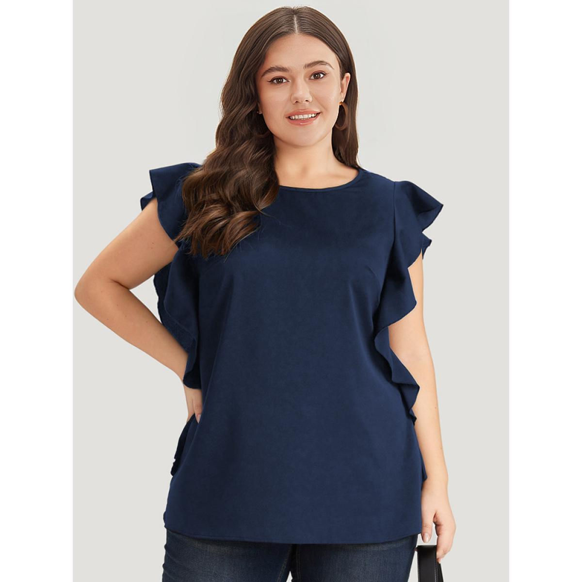 Plus Size Indigo Solid Crew Neck Ruffle Trim Blouse Women Office Cap Sleeve Round Neck Work Blouses BloomChic 28/5X Product Image