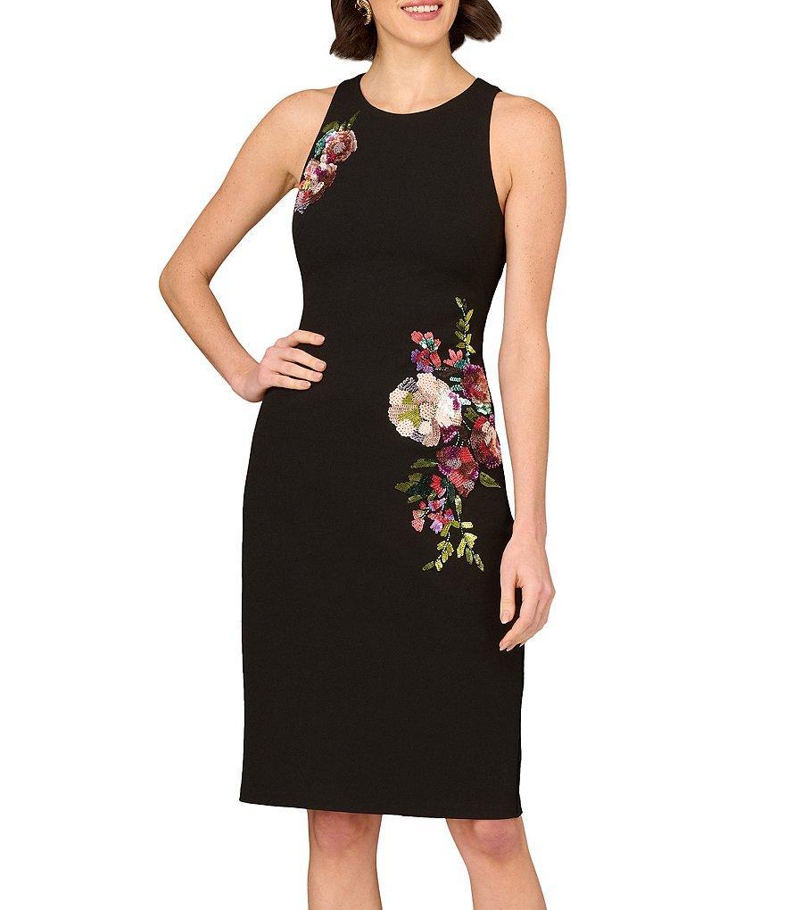 Aidan Mattox Round Neck Sleeveless Beaded Floral Crepe Sheath Dress Product Image